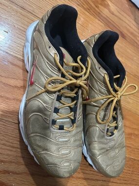 Nike Gold and Black Men's Running Sneakers with Red Swoosh